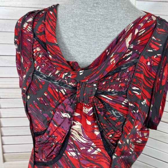 BCBGMaxAzria Abstract Print Knot Front Silk Blouse Sleeveless Black Red Medium - Picture 5 of 12